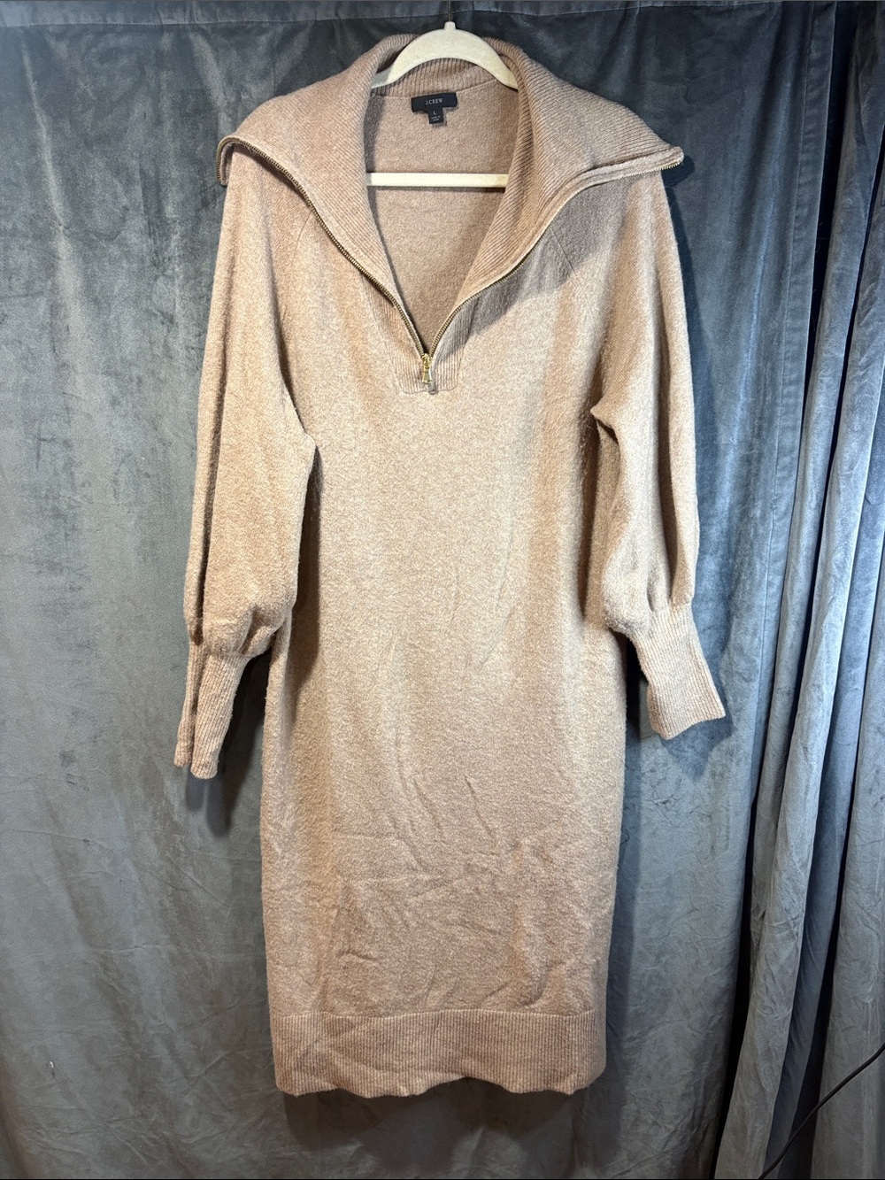 J Crew Zip-Front Wool-Alpaca Sweater Dress in Tan